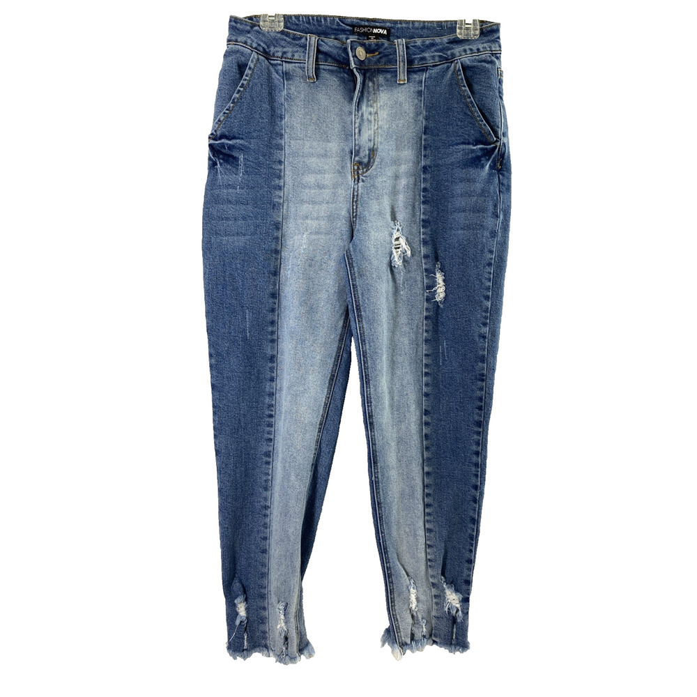 Fashion Nova Jeans Juniors Size 9 Two Tone Denim Destroyed Raw Hem